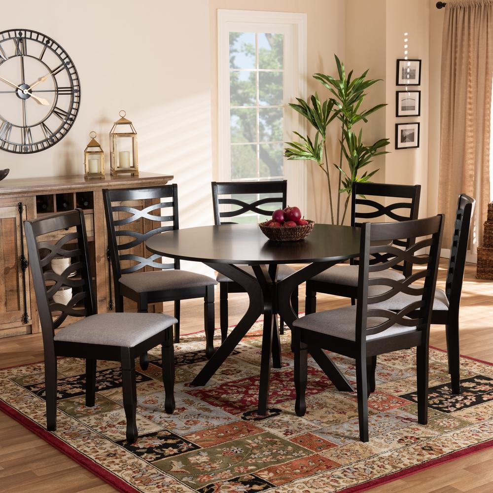 Grey Fabric Upholstered and Dark Brown Finished Wood 7-Piece Dining Set. Picture 16