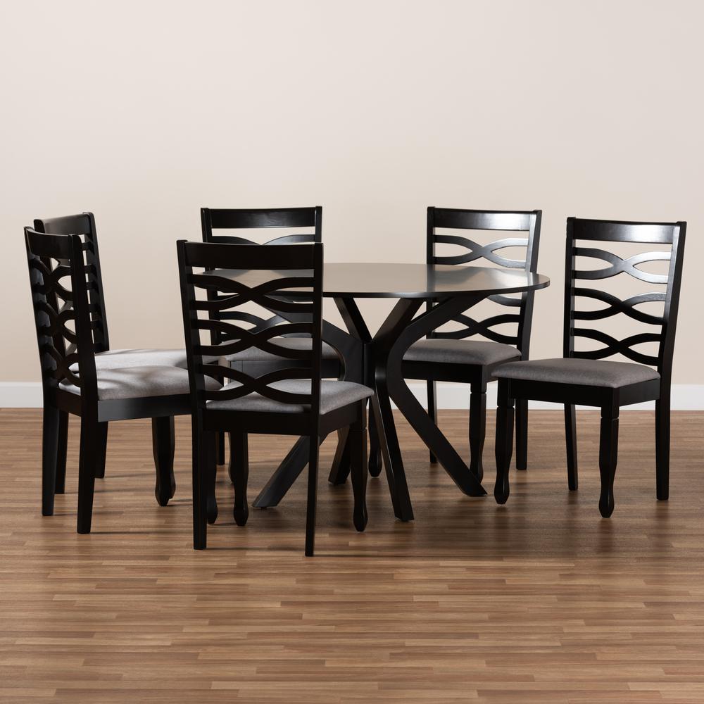 Grey Fabric Upholstered and Dark Brown Finished Wood 7-Piece Dining Set. Picture 17