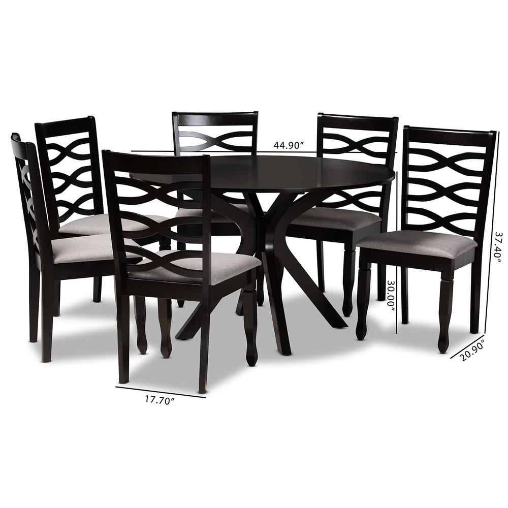 Grey Fabric Upholstered and Dark Brown Finished Wood 7-Piece Dining Set. Picture 18