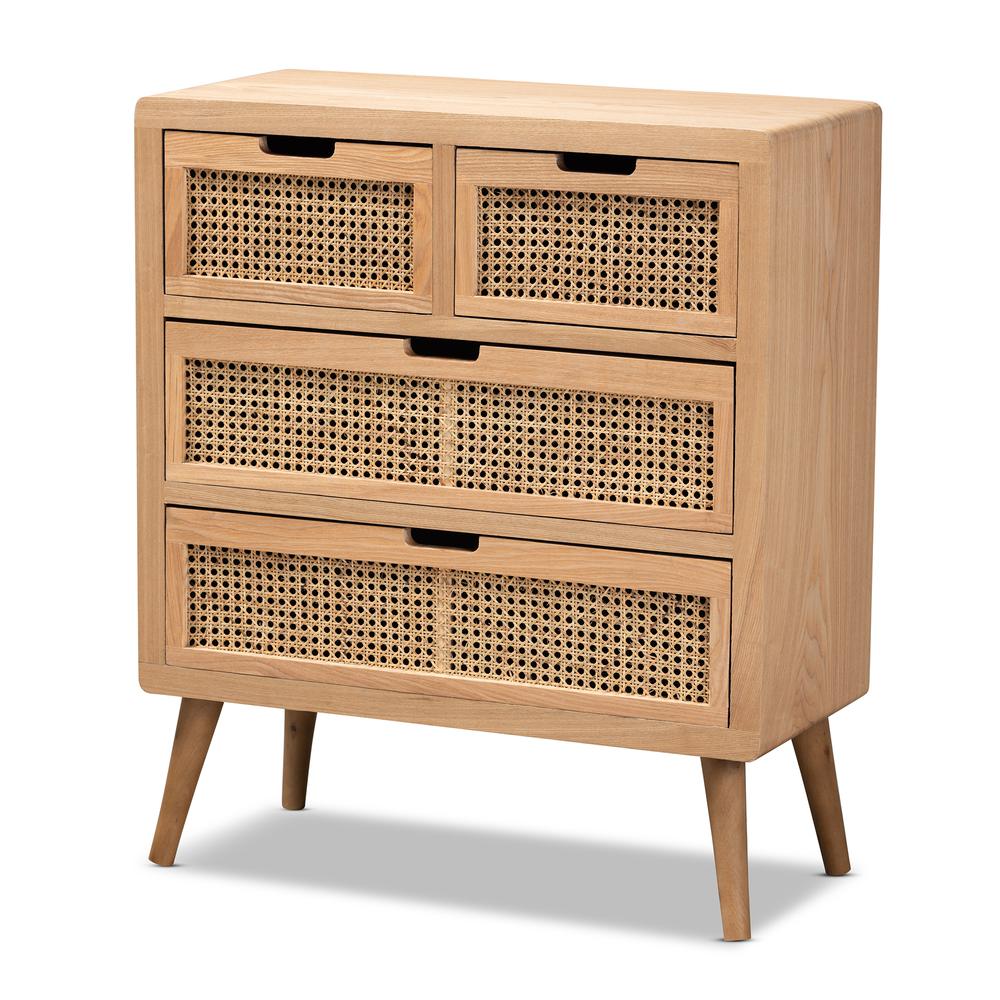 Medium Oak Finished Wood and Rattan 4-Drawer Accent Storage Cabinet. Picture 1