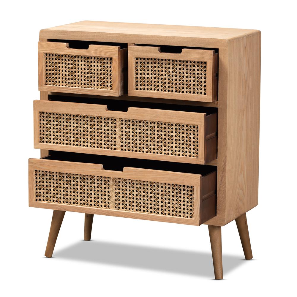 Medium Oak Finished Wood and Rattan 4-Drawer Accent Storage Cabinet. Picture 4