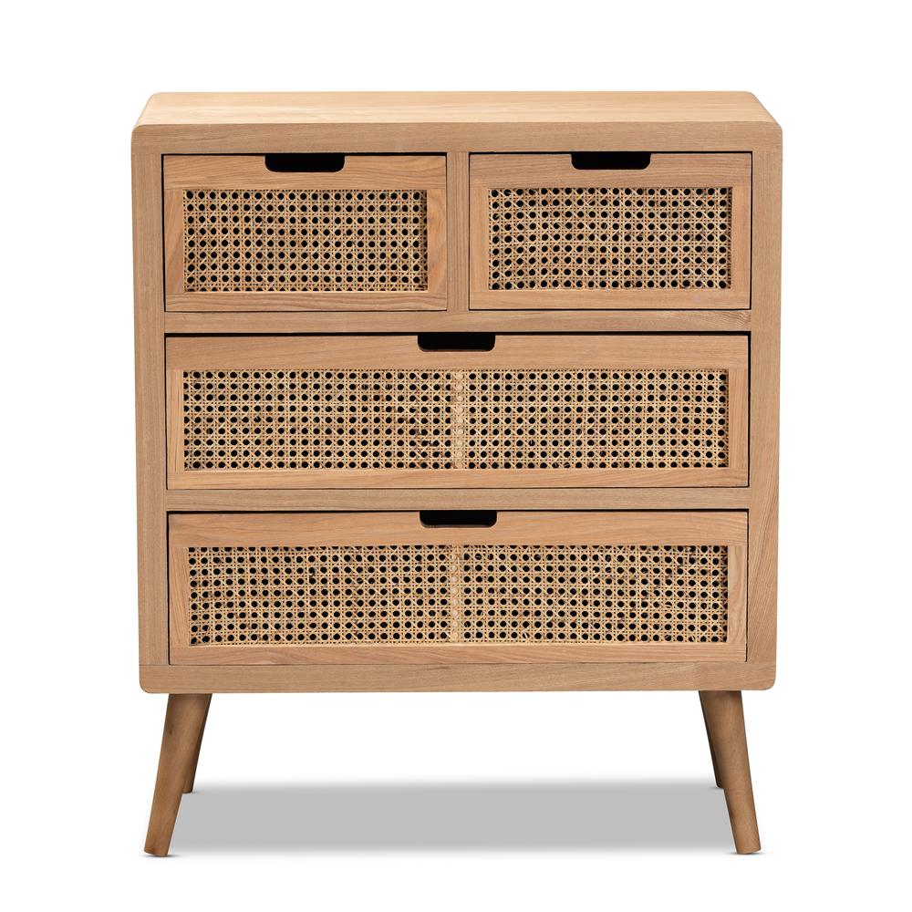 Medium Oak Finished Wood and Rattan 4-Drawer Accent Storage Cabinet. Picture 2