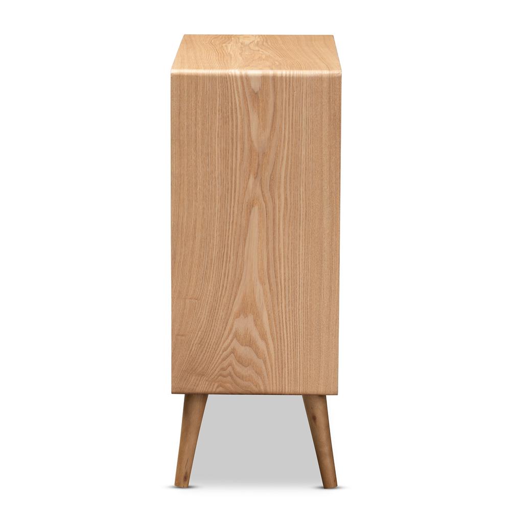 Medium Oak Finished Wood and Rattan 4-Drawer Accent Storage Cabinet. Picture 3