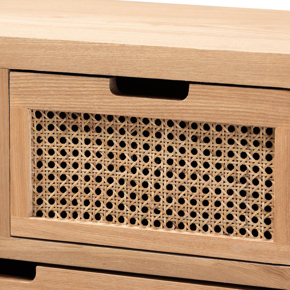 Medium Oak Finished Wood and Rattan 4-Drawer Accent Storage Cabinet. Picture 5