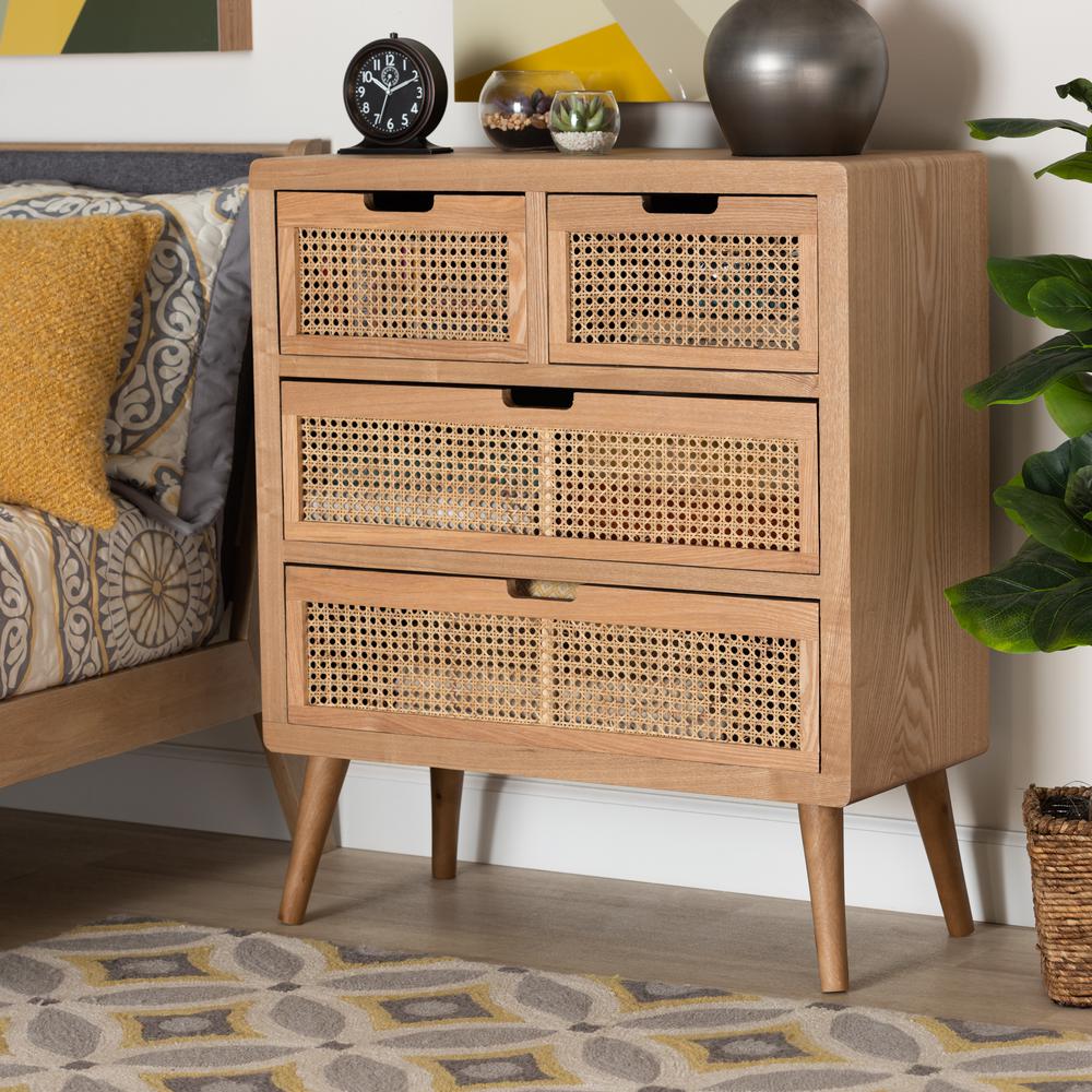Medium Oak Finished Wood and Rattan 4-Drawer Accent Storage Cabinet. Picture 8
