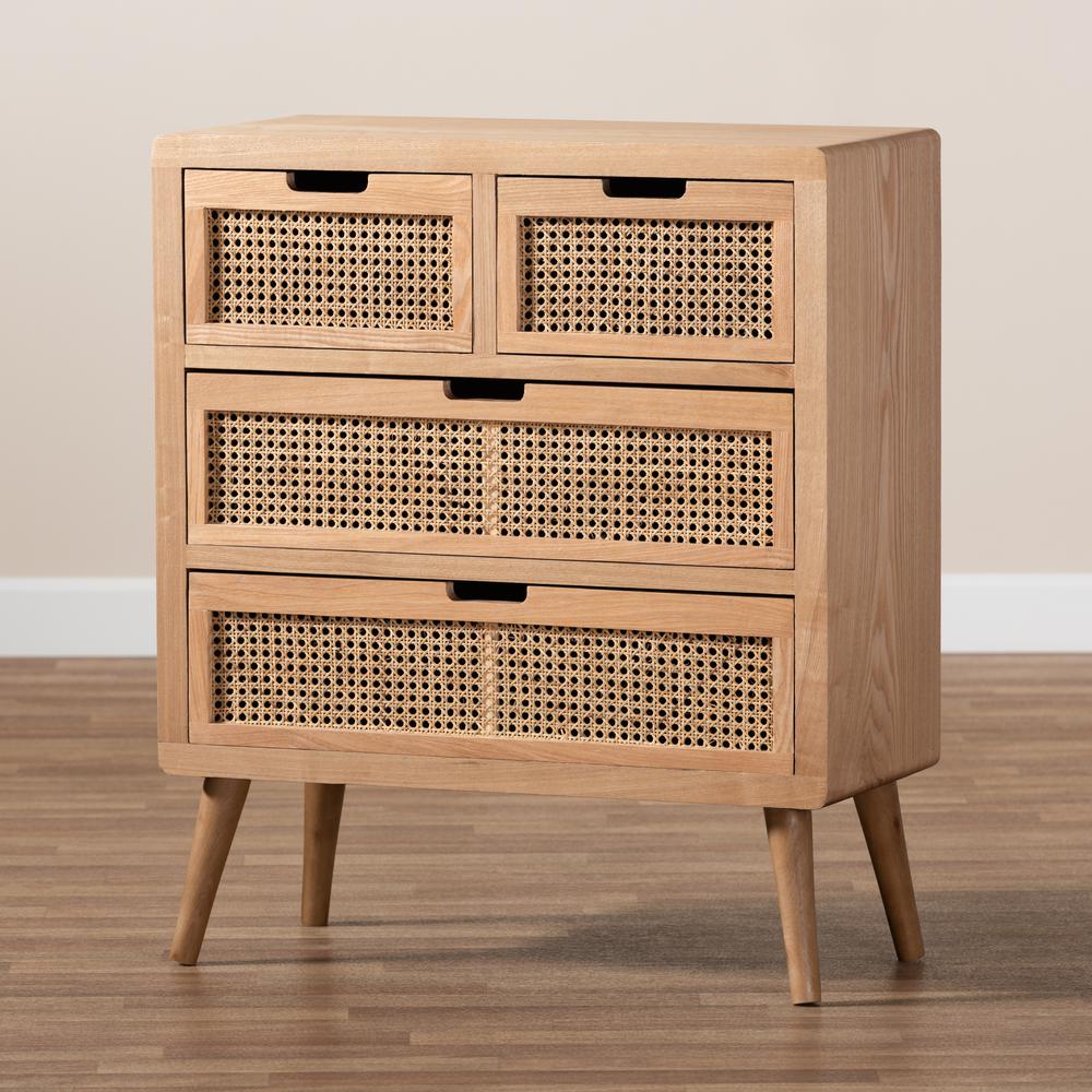 Medium Oak Finished Wood and Rattan 4-Drawer Accent Storage Cabinet. Picture 9