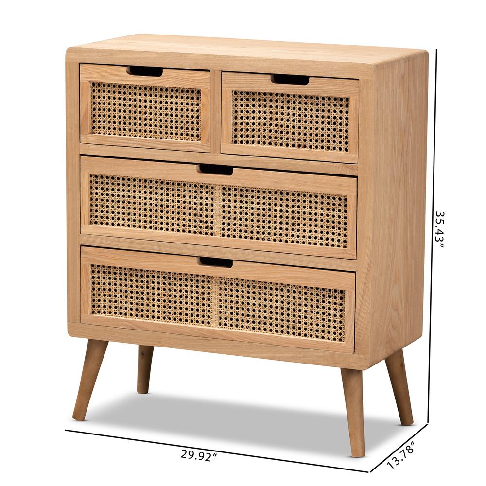 Medium Oak Finished Wood and Rattan 4-Drawer Accent Storage Cabinet. Picture 7