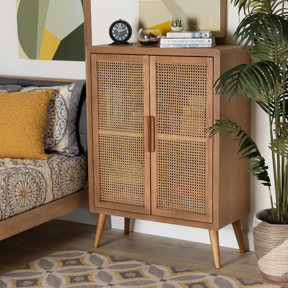 Medium Oak Finished Wood and Rattan 2-Door Accent Storage Cabinet. Picture 16