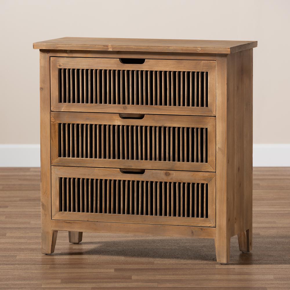 Transitional Medium Oak Finished 3-Drawer Wood Spindle Storage Cabinet. Picture 9