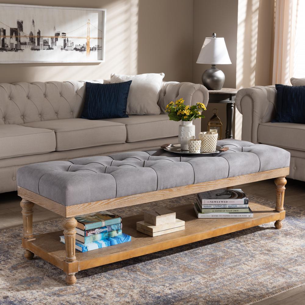and Rustic Grey Linen Fabric Upholstered and Greywashed Wood Storage Bench. Picture 14