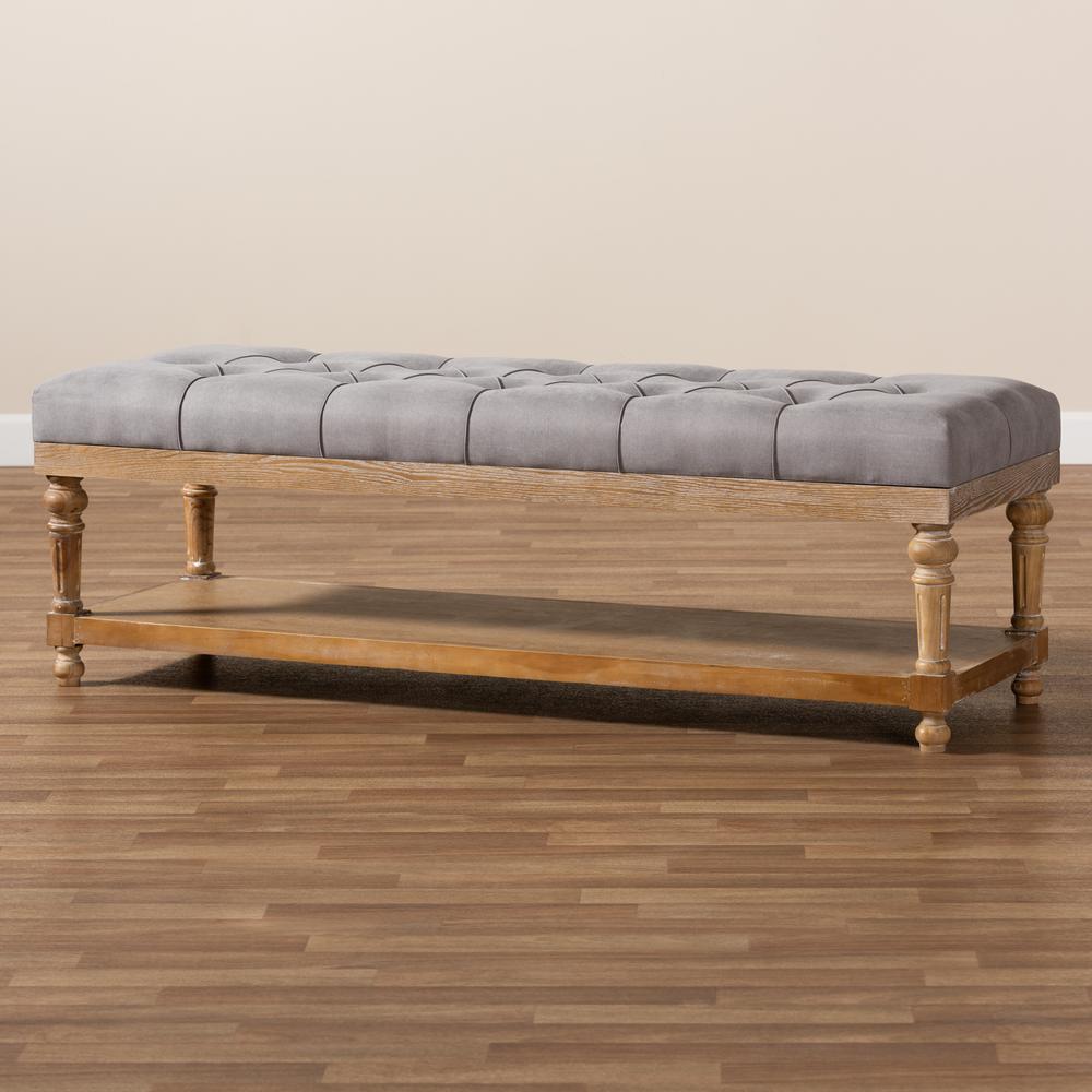 and Rustic Grey Linen Fabric Upholstered and Greywashed Wood Storage Bench. Picture 15