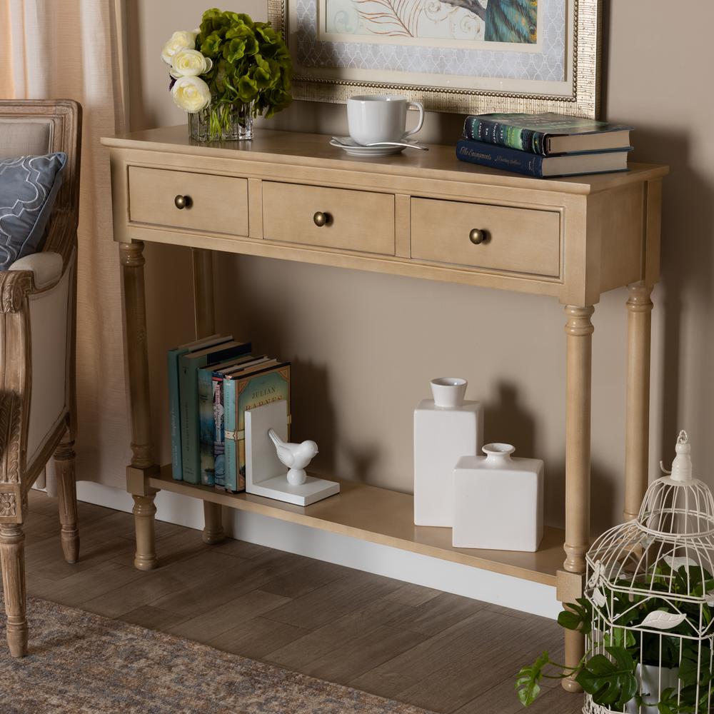 Farmhouse Oak Brown Finished Wood 3-Drawer Entryway Console Table. Picture 16
