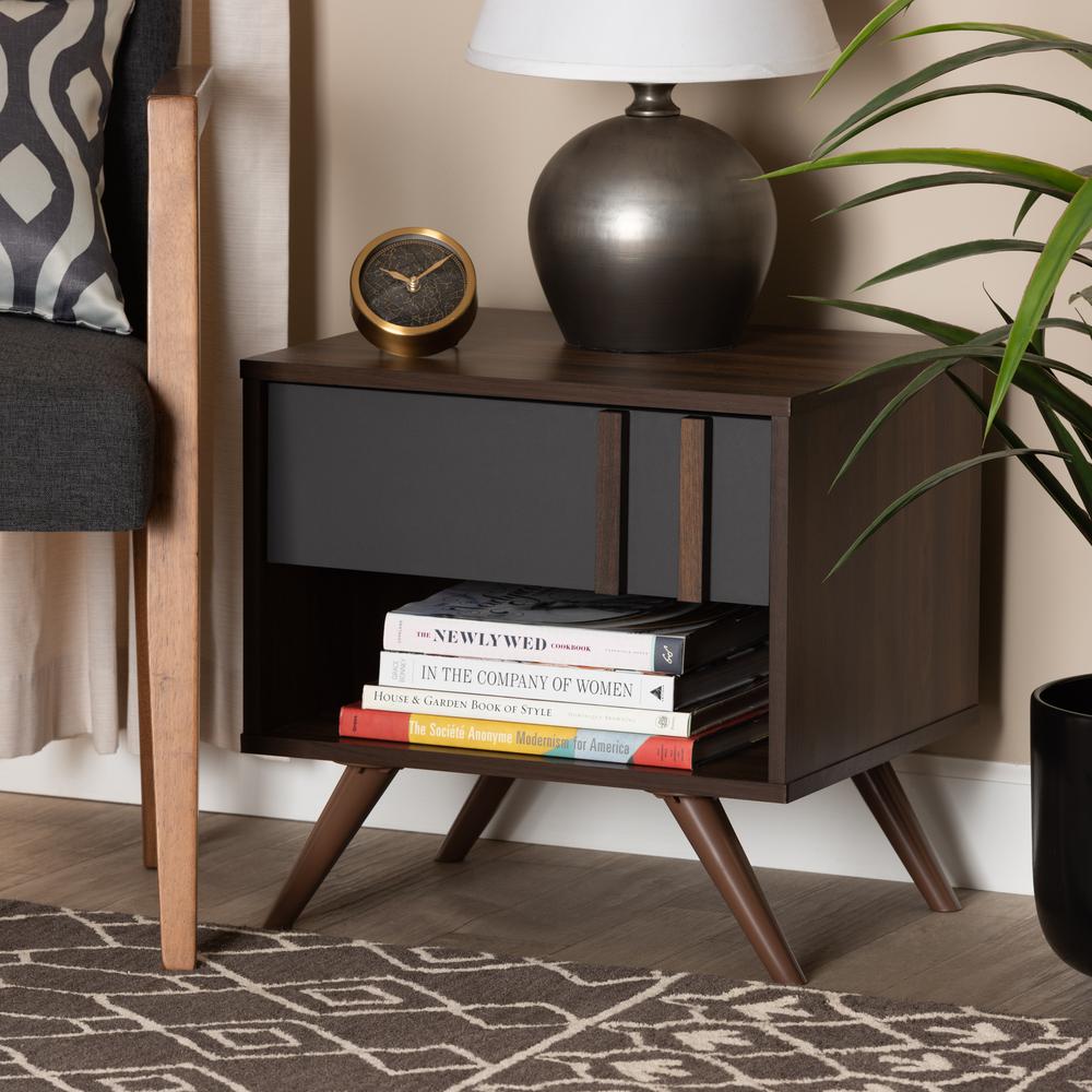 Two-Tone Grey and Walnut Finished Wood 1-Drawer Nightstand. Picture 16