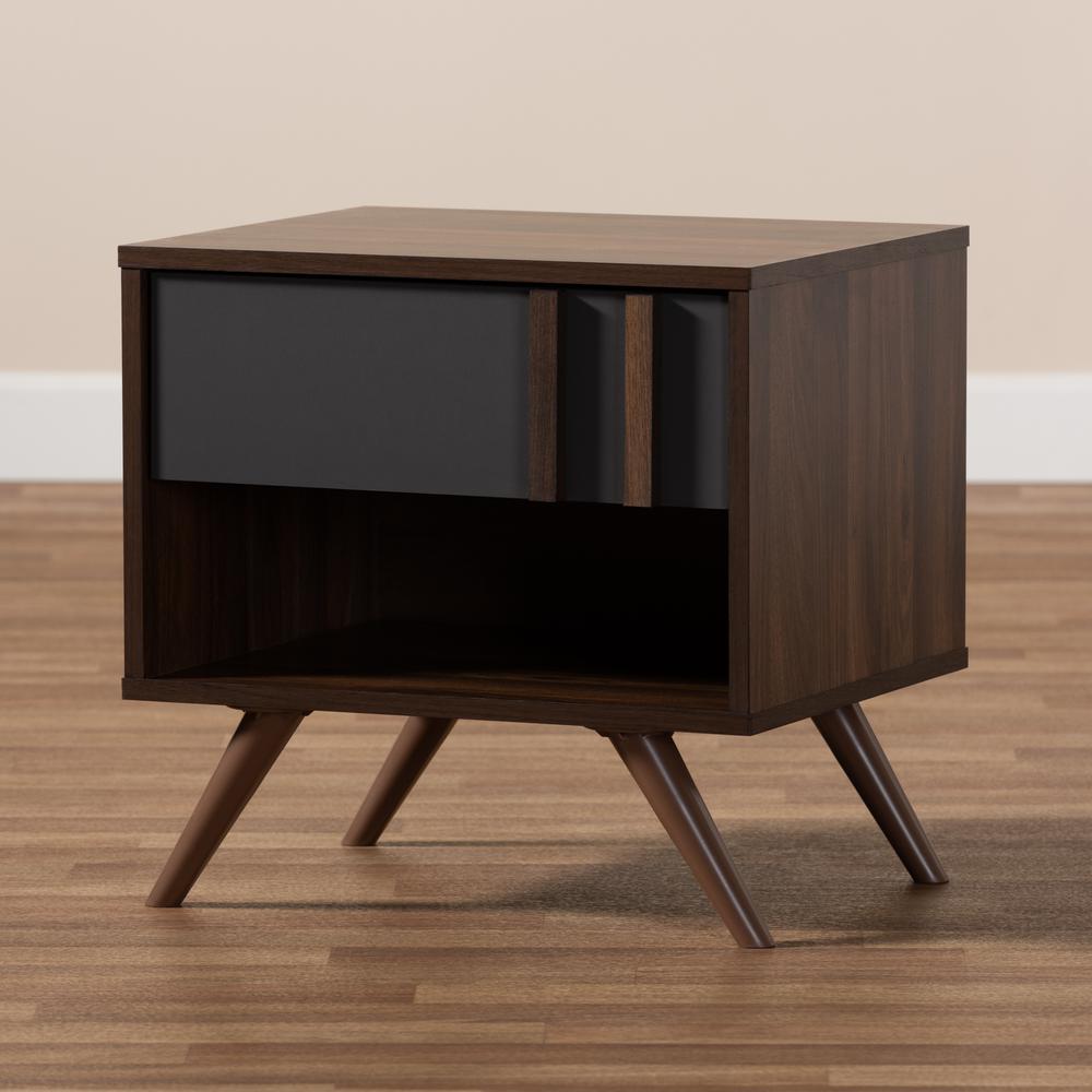Two-Tone Grey and Walnut Finished Wood 1-Drawer Nightstand. Picture 17