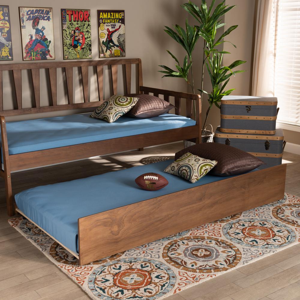 Transitional Walnut Brown Finished Wood Twin Size Trundle Bed. Picture 10