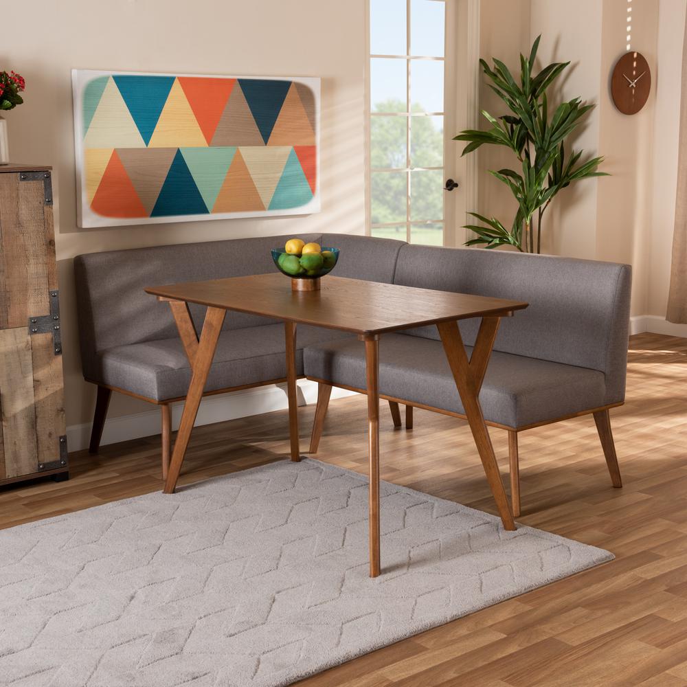 Grey Fabric Upholstered and Walnut Brown Finished Wood 3-Piece Dining Nook Set. Picture 18