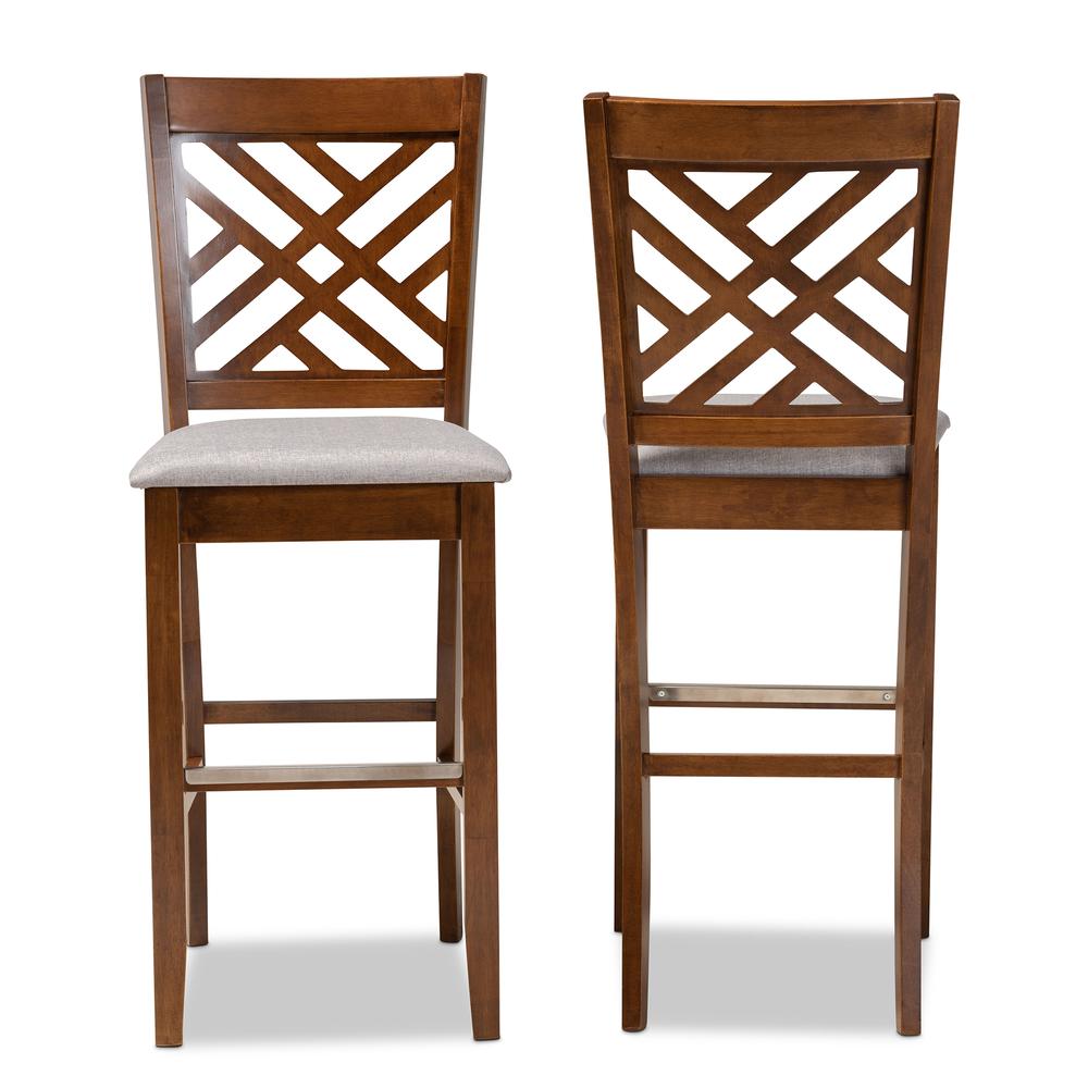 Grey Fabric Upholstered and Walnut Brown Finished Wood 2-Piece Bar Stool Set. Picture 11