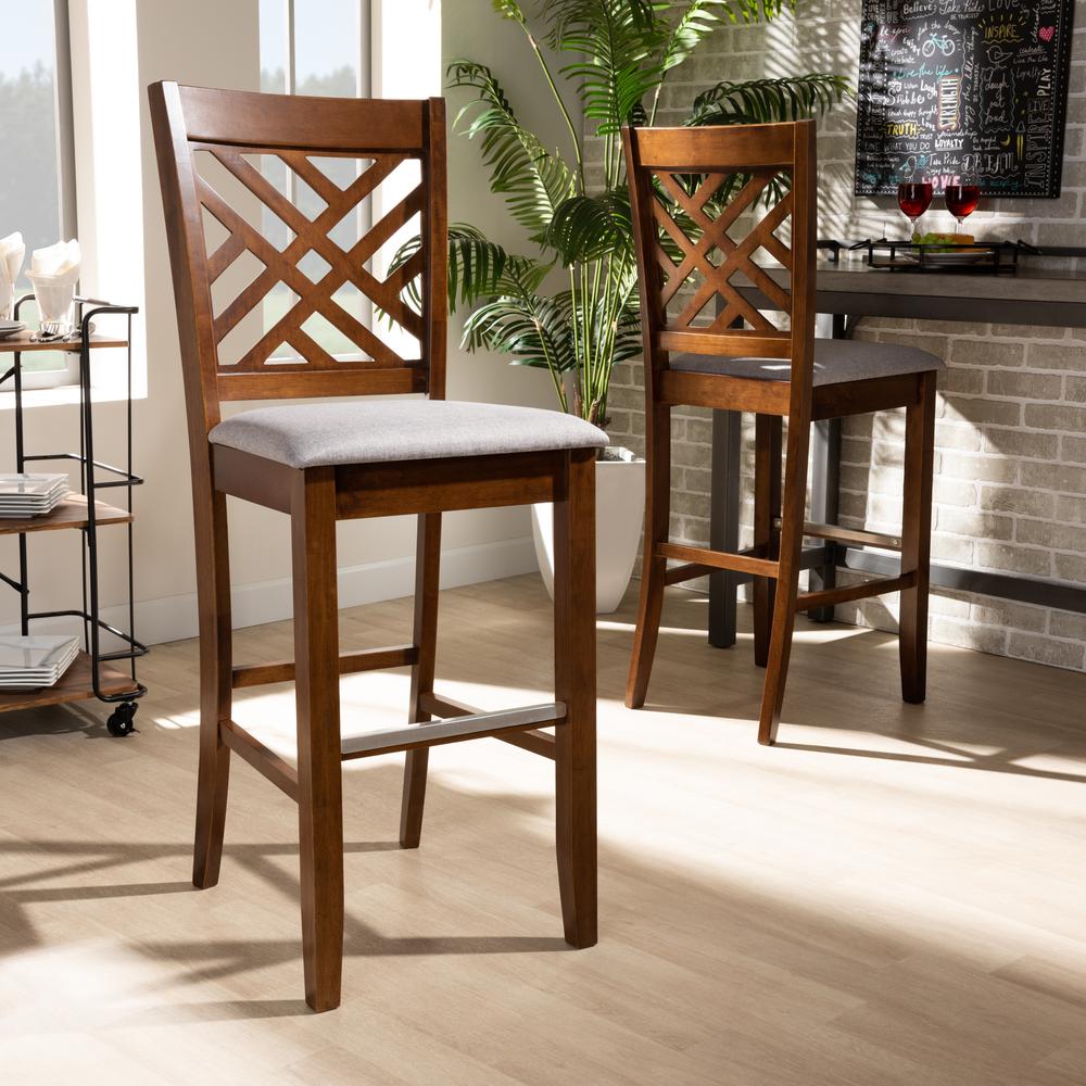 Grey Fabric Upholstered and Walnut Brown Finished Wood 2-Piece Bar Stool Set. Picture 16