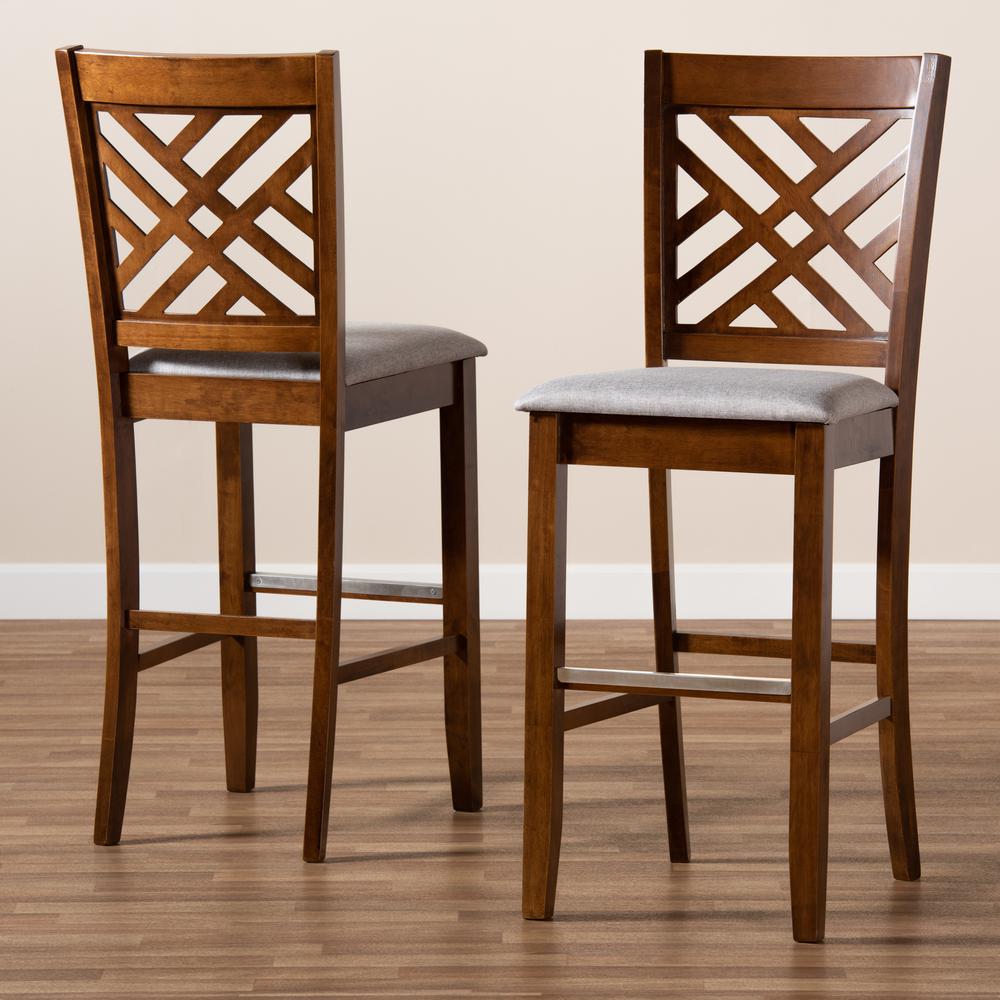Grey Fabric Upholstered and Walnut Brown Finished Wood 2-Piece Bar Stool Set. Picture 17
