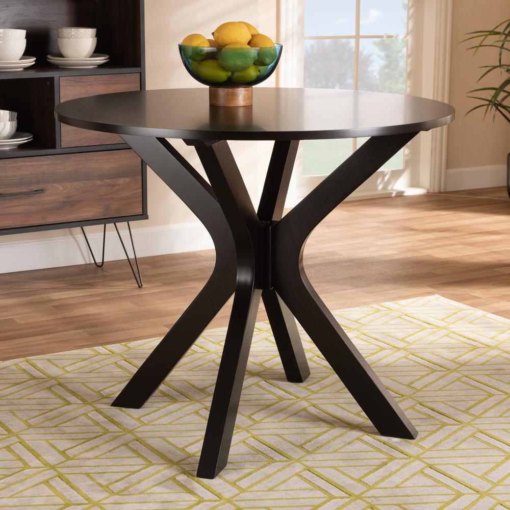 Dark Brown Finished 34-Inch-Wide Round Wood Dining Table. Picture 12
