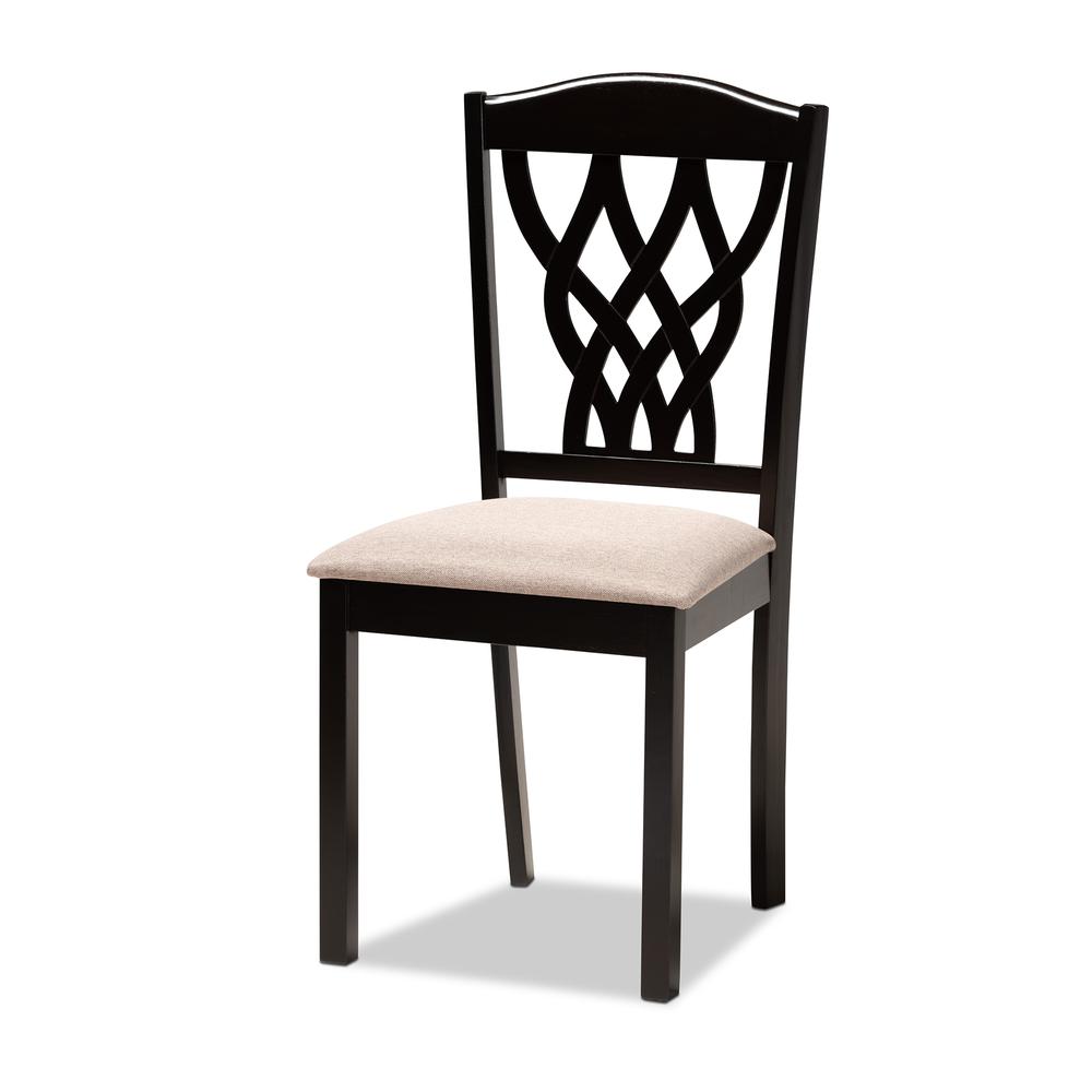 Sand Fabric Upholstered and Dark Brown Finished Wood 7-Piece Dining Set. Picture 10