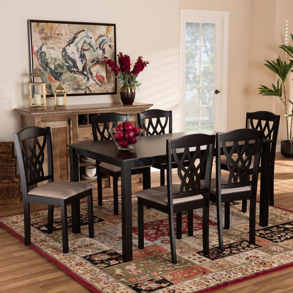 Sand Fabric Upholstered and Dark Brown Finished Wood 7-Piece Dining Set. Picture 14