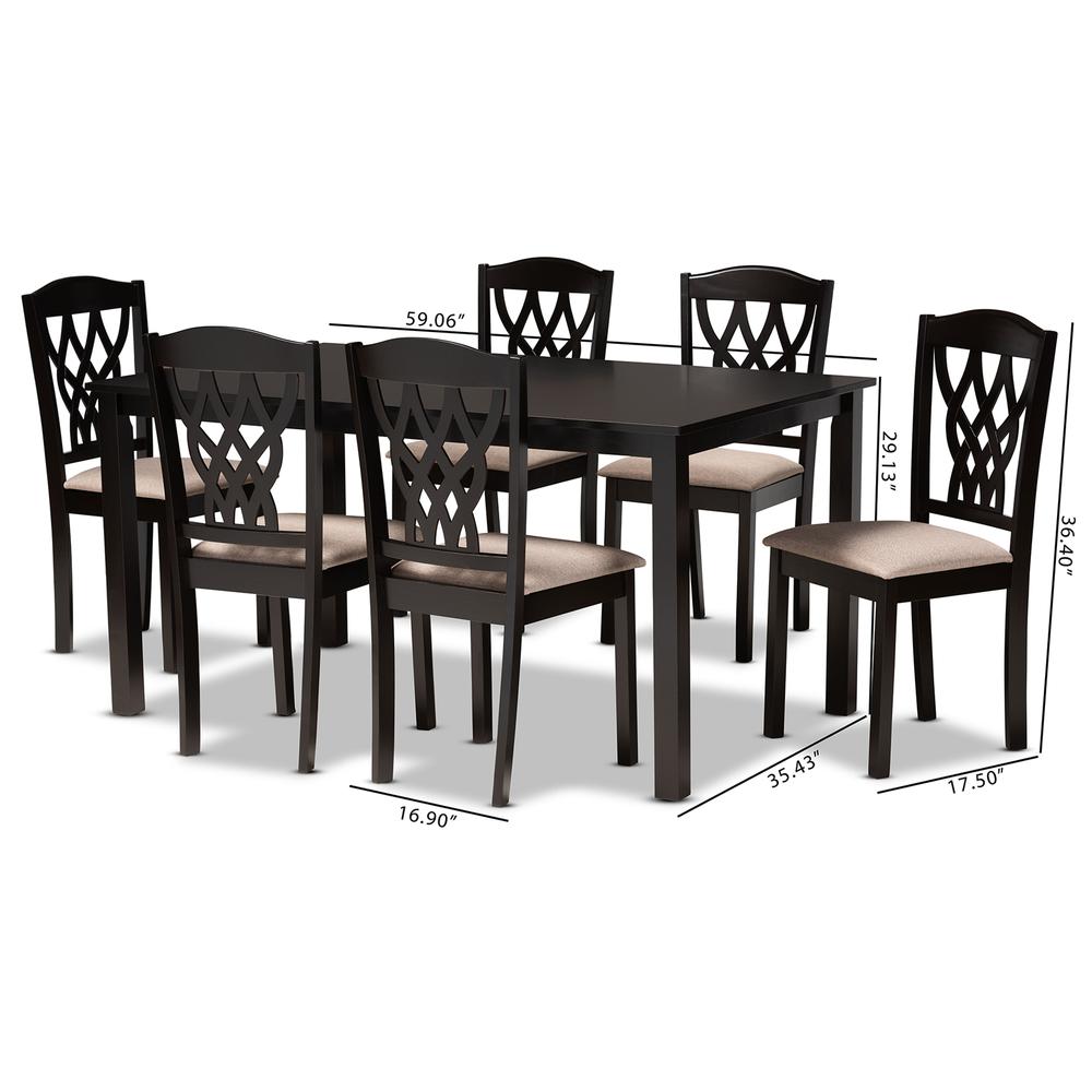 Sand Fabric Upholstered and Dark Brown Finished Wood 7-Piece Dining Set. Picture 16