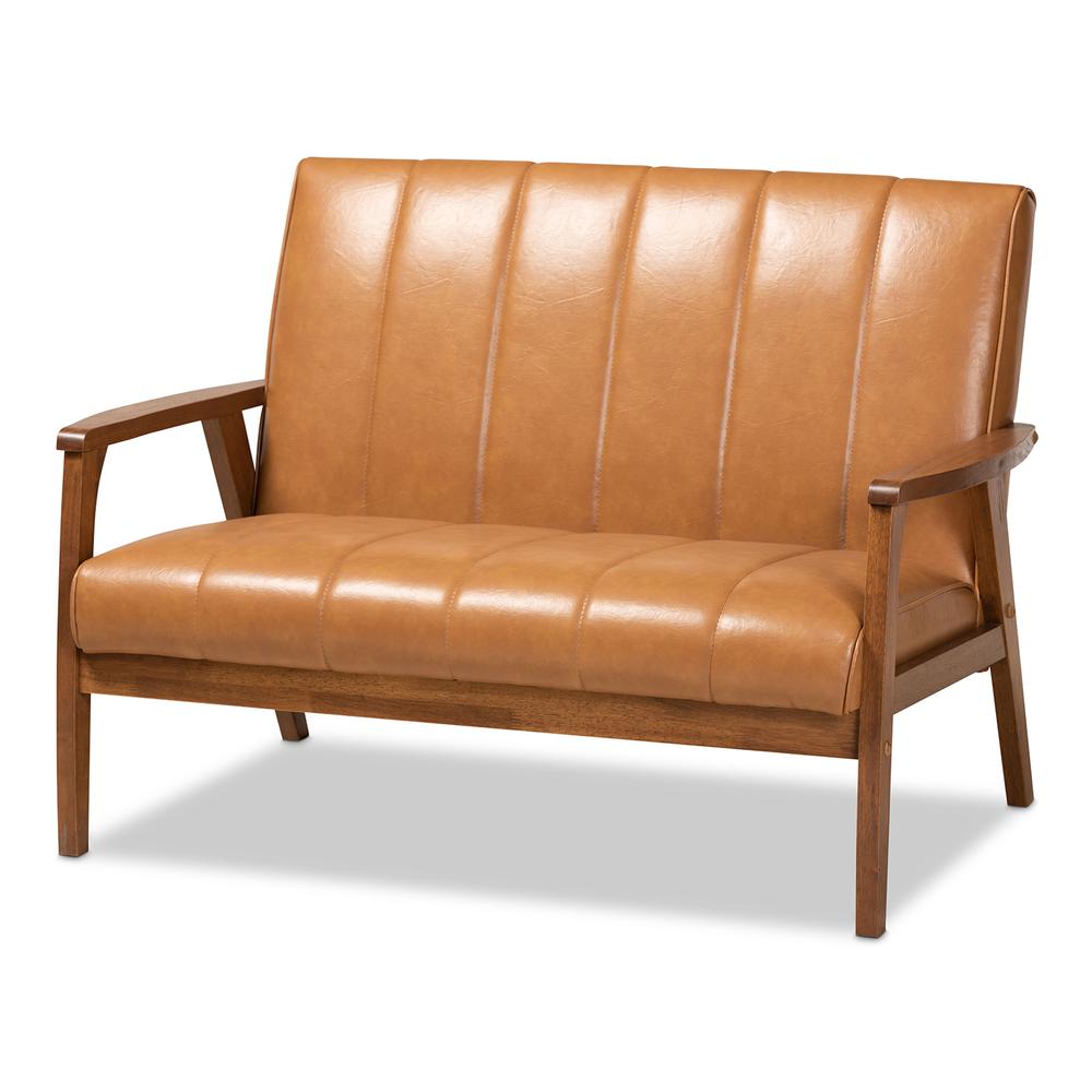 Leather Upholstered and Walnut Brown finished Wood Loveseat. Picture 10