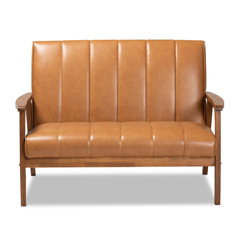 Leather Upholstered and Walnut Brown finished Wood Loveseat. Picture 11