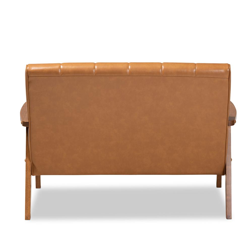 Leather Upholstered and Walnut Brown finished Wood Loveseat. Picture 13