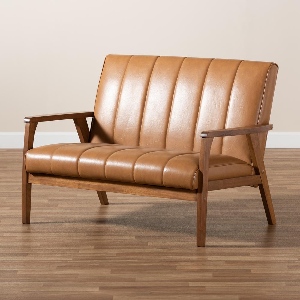 Leather Upholstered and Walnut Brown finished Wood Loveseat. Picture 17
