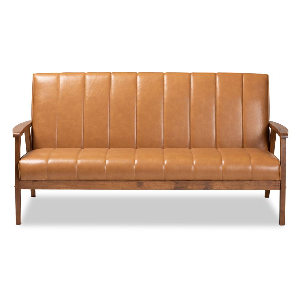 Leather Upholstered and Walnut Brown finished Wood Sofa. Picture 11