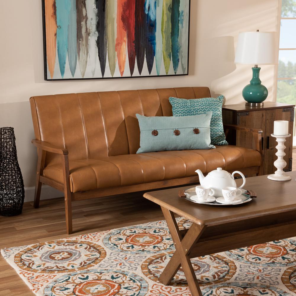 Leather Upholstered and Walnut Brown finished Wood Sofa. Picture 16