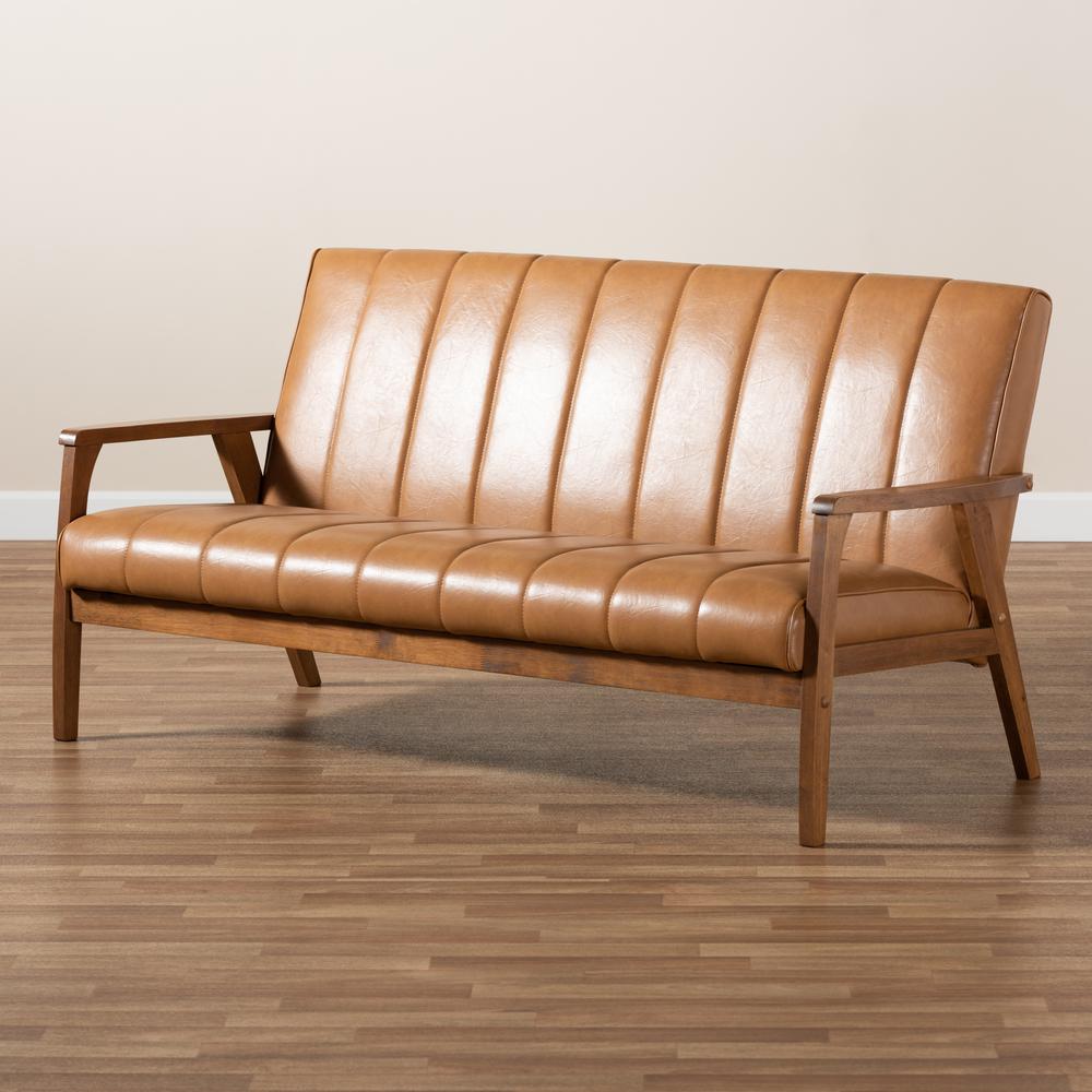 Leather Upholstered and Walnut Brown finished Wood Sofa. Picture 17