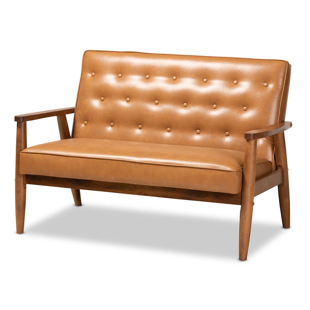Leather Upholstered and Walnut Brown Finished Wood Loveseat. Picture 10