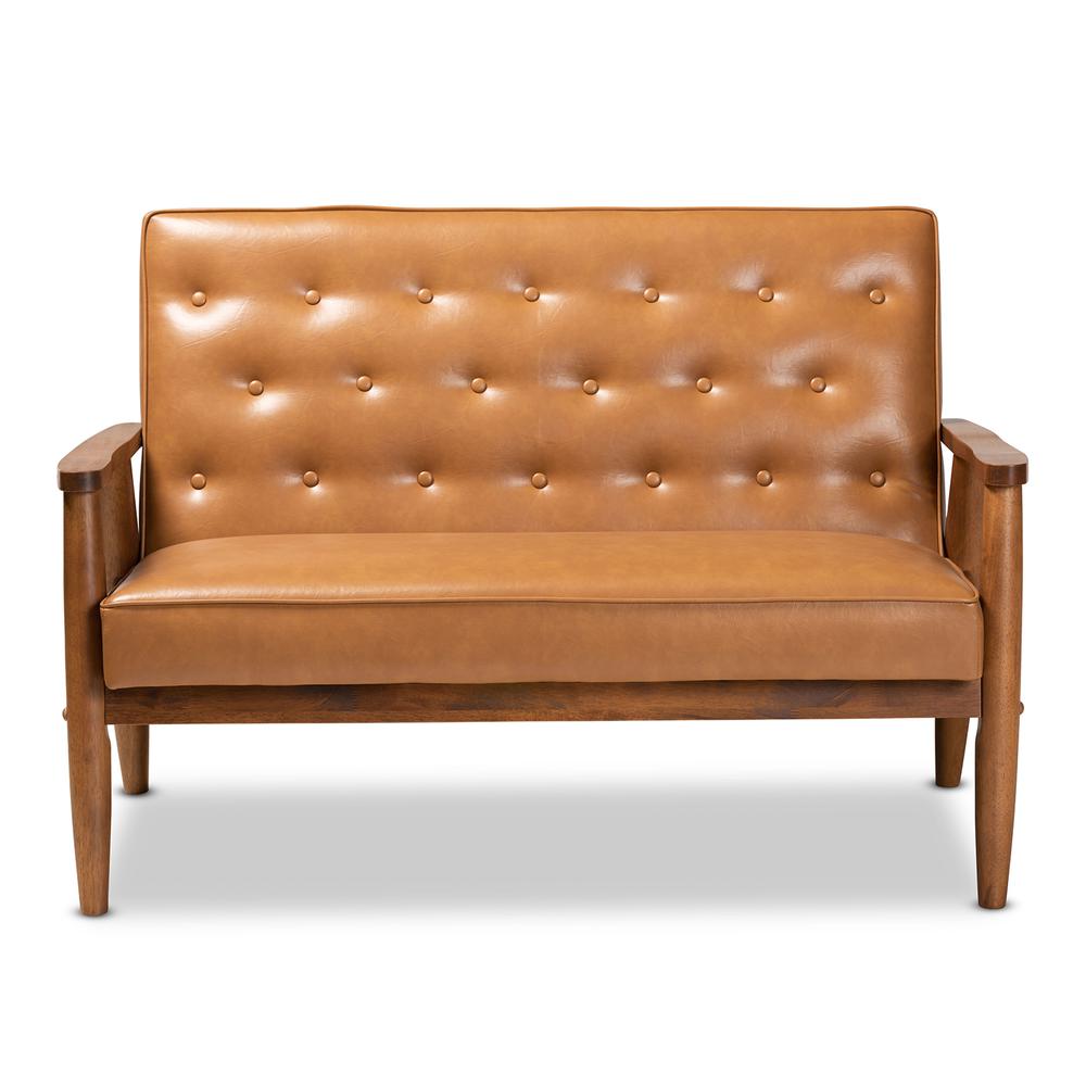 Leather Upholstered and Walnut Brown Finished Wood Loveseat. Picture 11