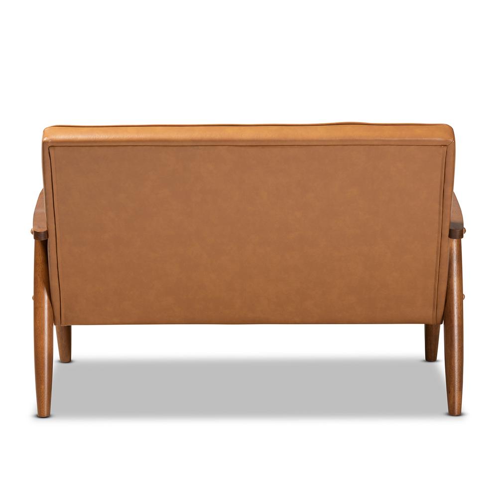 Leather Upholstered and Walnut Brown Finished Wood Loveseat. Picture 13
