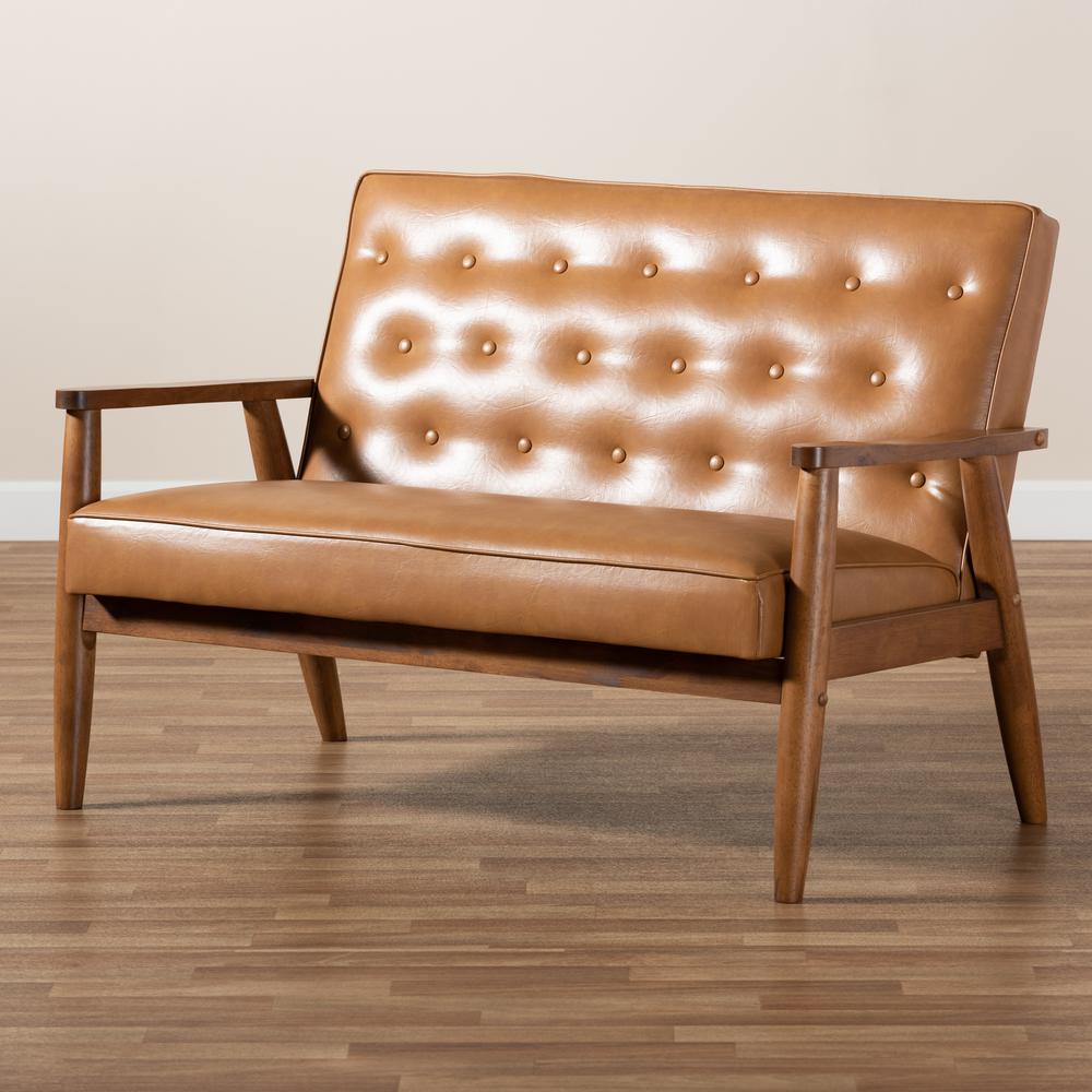 Leather Upholstered and Walnut Brown Finished Wood Loveseat. Picture 17