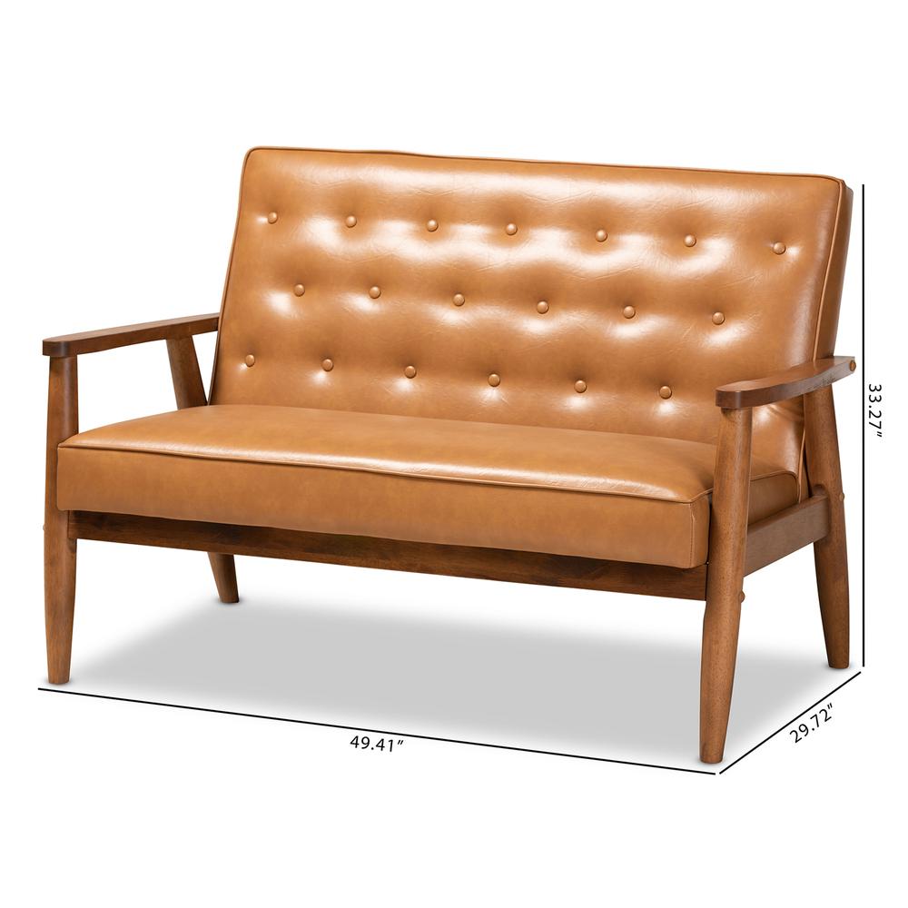 Leather Upholstered and Walnut Brown Finished Wood Loveseat. Picture 18