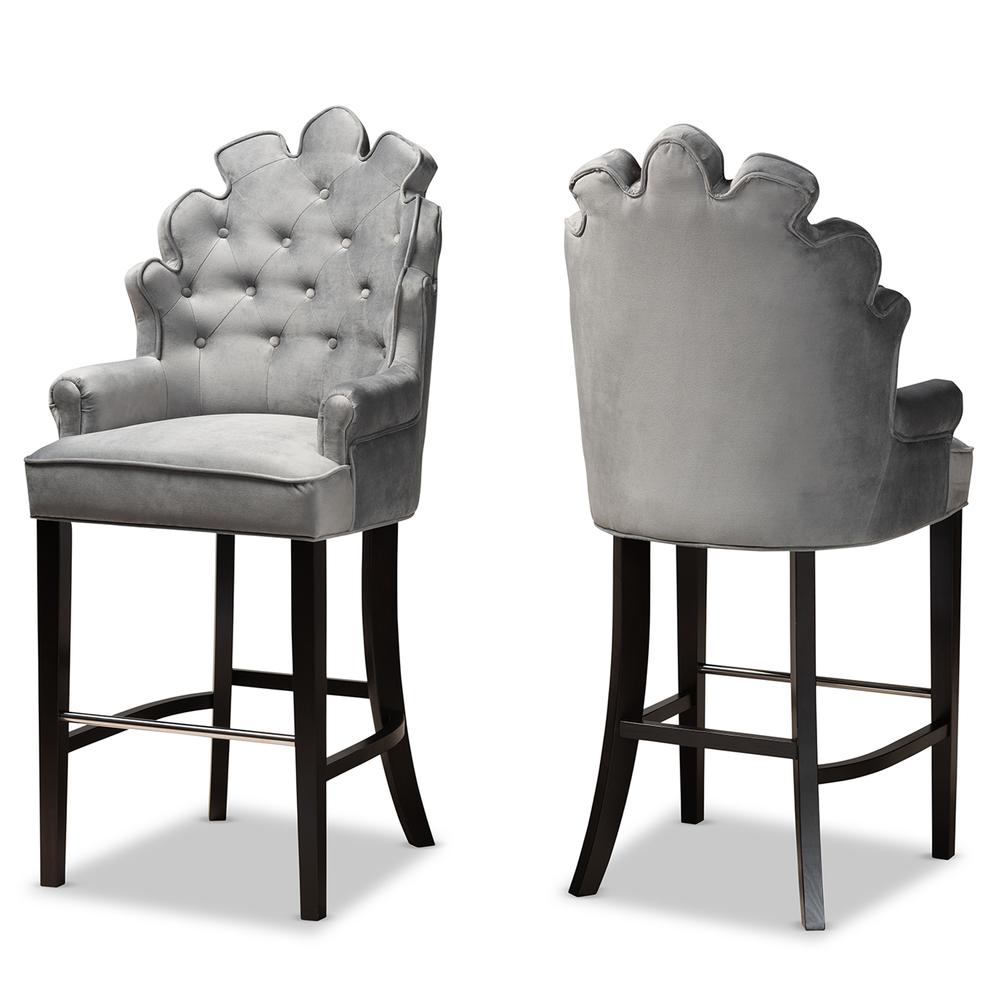 Dark Grey Velvet Upholstered and Dark Brown Finished Wood 2-Piece Bar Stool Set. Picture 9