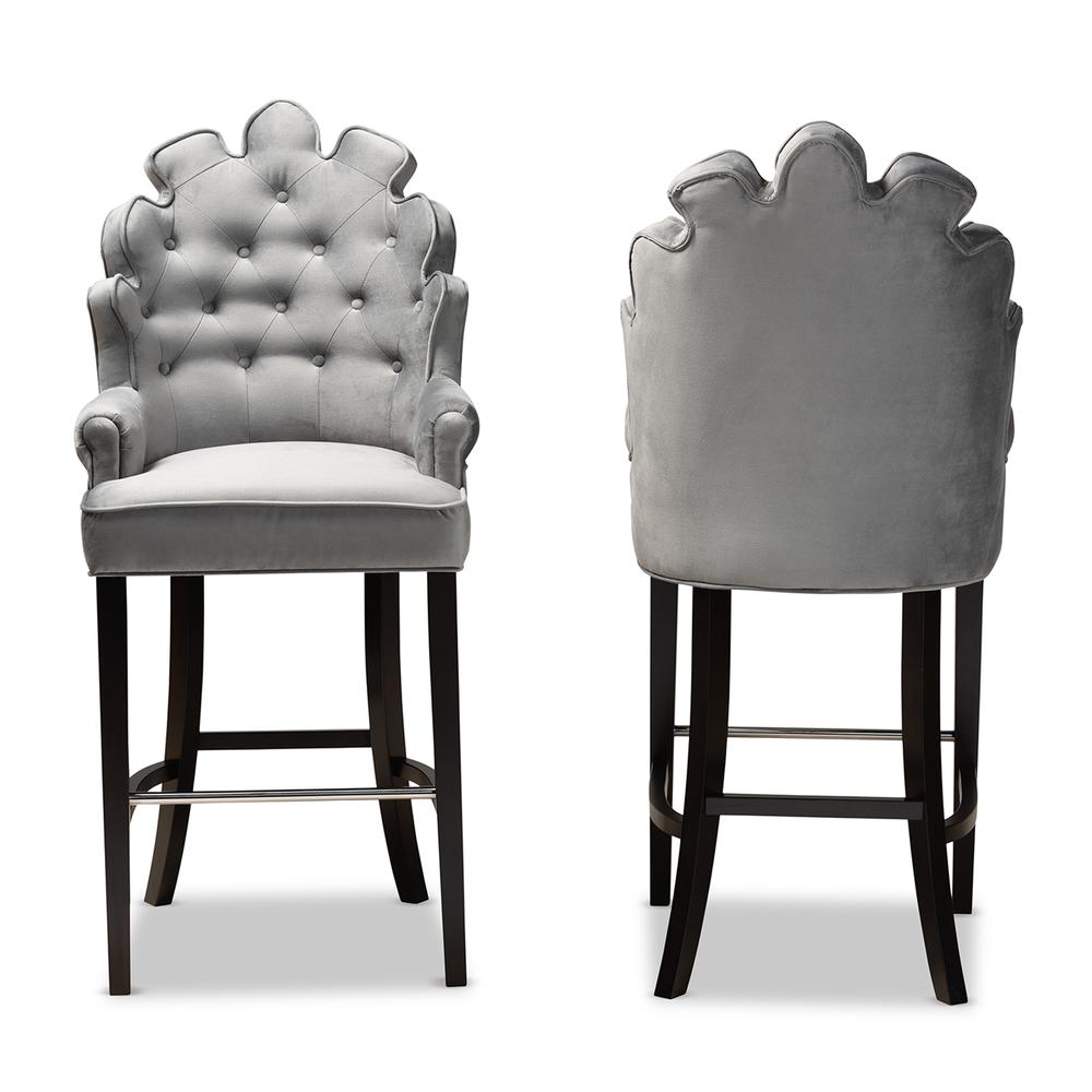 Dark Grey Velvet Upholstered and Dark Brown Finished Wood 2-Piece Bar Stool Set. Picture 10