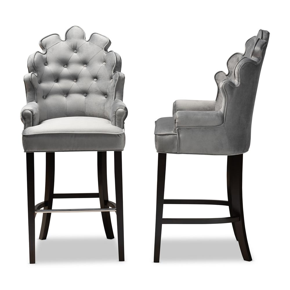 Dark Grey Velvet Upholstered and Dark Brown Finished Wood 2-Piece Bar Stool Set. Picture 11