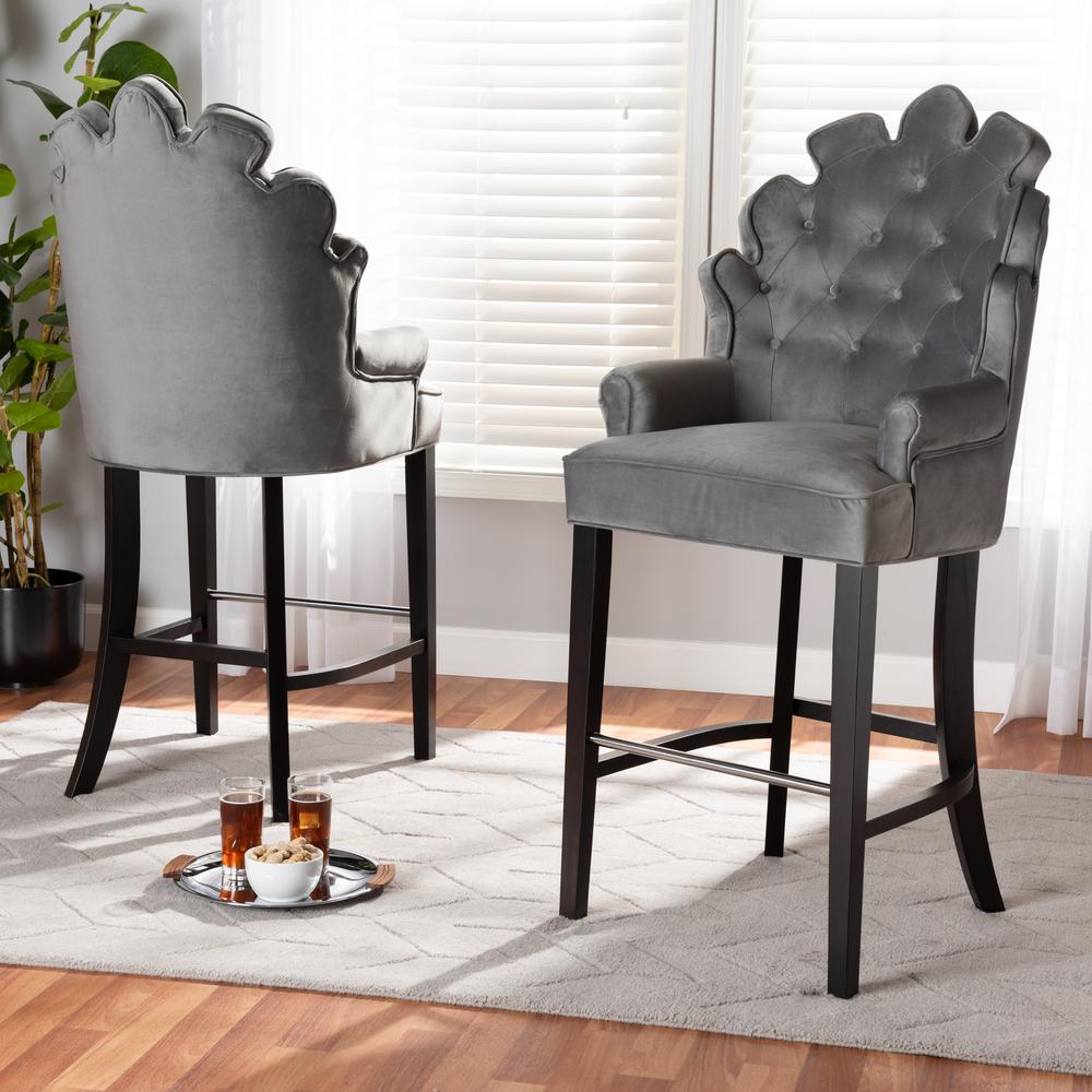 Dark Grey Velvet Upholstered and Dark Brown Finished Wood 2-Piece Bar Stool Set. Picture 14