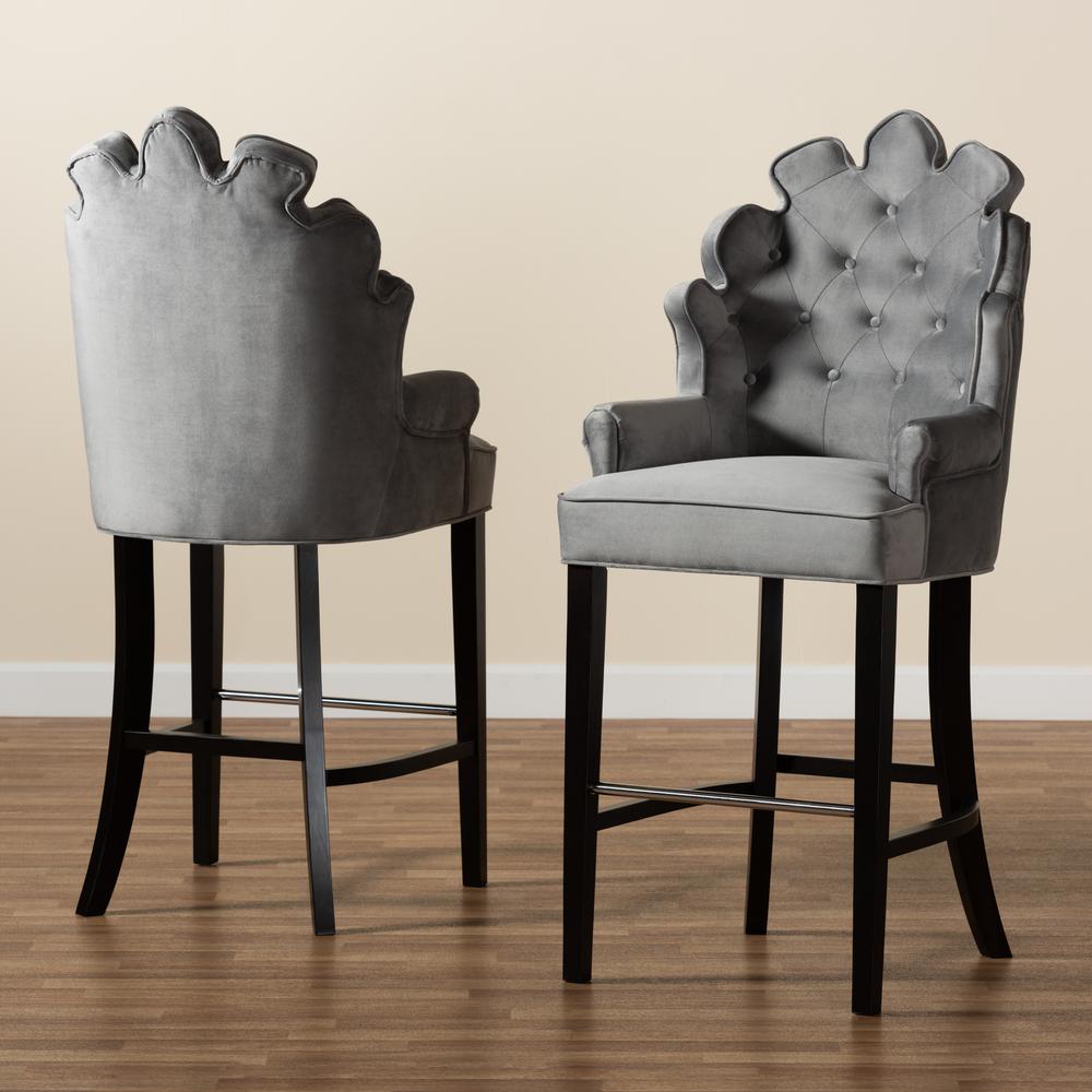 Dark Grey Velvet Upholstered and Dark Brown Finished Wood 2-Piece Bar Stool Set. Picture 15
