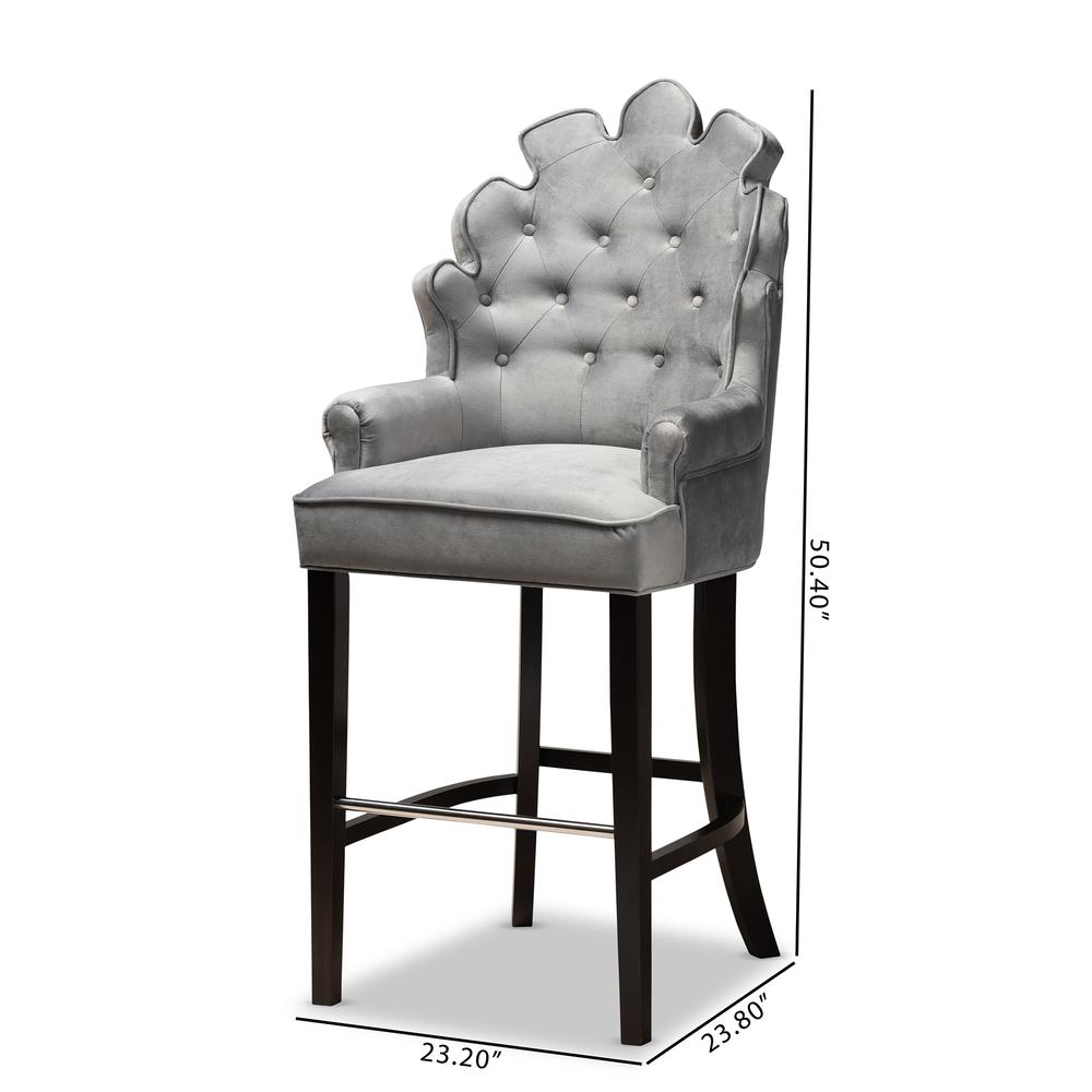 Dark Grey Velvet Upholstered and Dark Brown Finished Wood 2-Piece Bar Stool Set. Picture 16