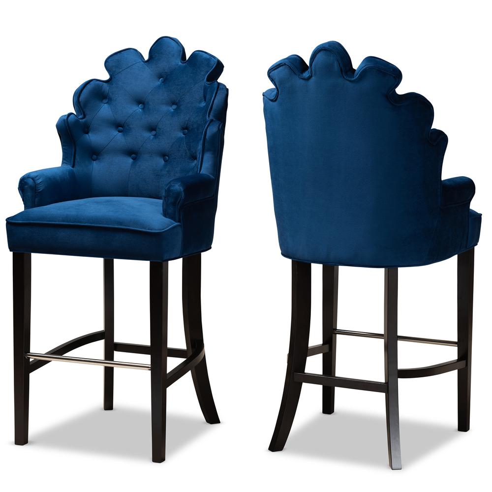 Navy Blue Velvet Upholstered and Dark Brown Finished Wood 2-Piece Bar Stool Set. Picture 9