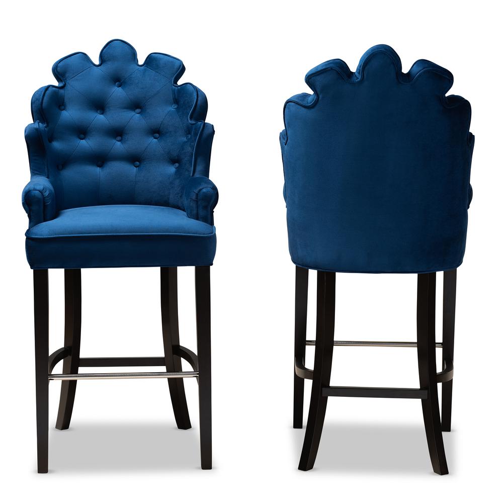 Navy Blue Velvet Upholstered and Dark Brown Finished Wood 2-Piece Bar Stool Set. Picture 10