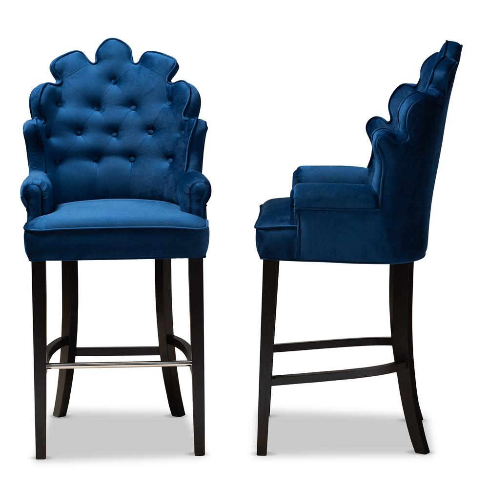 Navy Blue Velvet Upholstered and Dark Brown Finished Wood 2-Piece Bar Stool Set. Picture 11