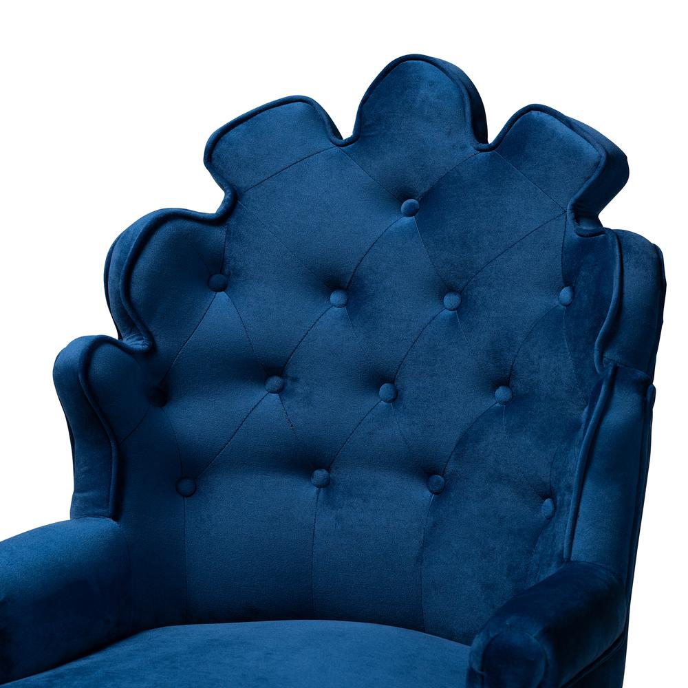 Navy Blue Velvet Upholstered and Dark Brown Finished Wood 2-Piece Bar Stool Set. Picture 12