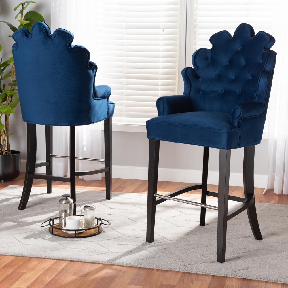 Navy Blue Velvet Upholstered and Dark Brown Finished Wood 2-Piece Bar Stool Set. Picture 14